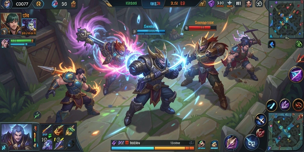 Tampilan seru gameplay COO77 yang menampilkan pertarungan tim MOBA.