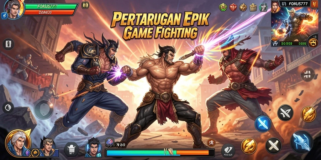 Tampilan gameplay FOKUS777 menampilkan pertempuran epik antara karakter dengan gaya bertarung berbeda.