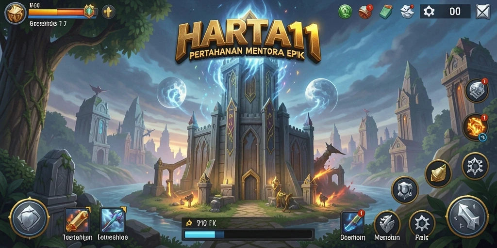 Tampilan gameplay HARTA11 yang menampilkan menara dan serangan musuh.