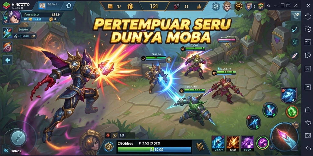 Tampilan seru pertempuran di HINOTOTO dengan kemampuan hero yang memukau.