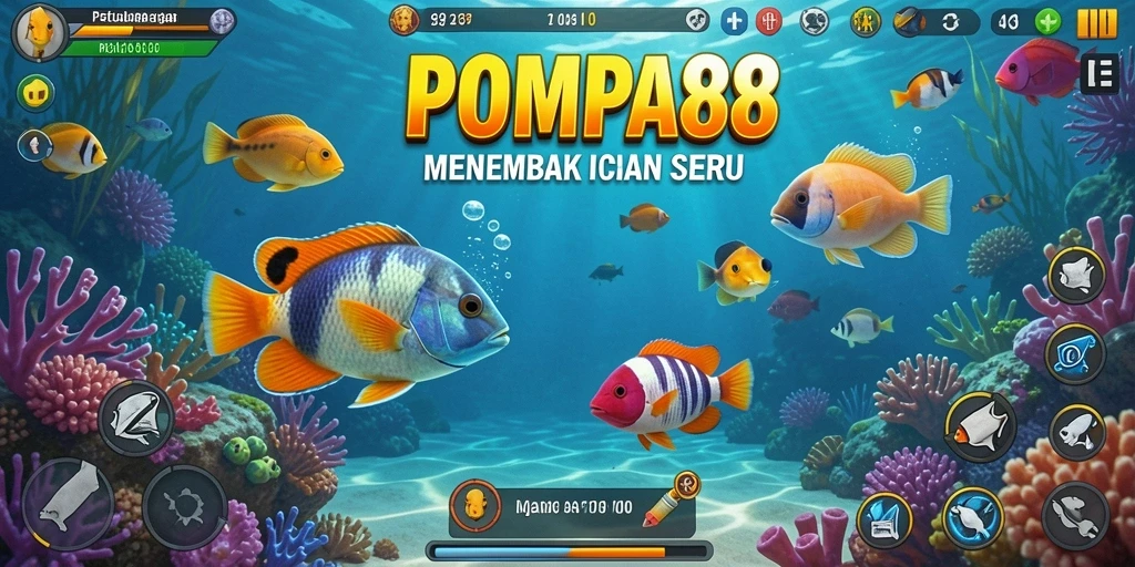 Screenshot POMPA88 menampilkan aksi menembak ikan di bawah laut.