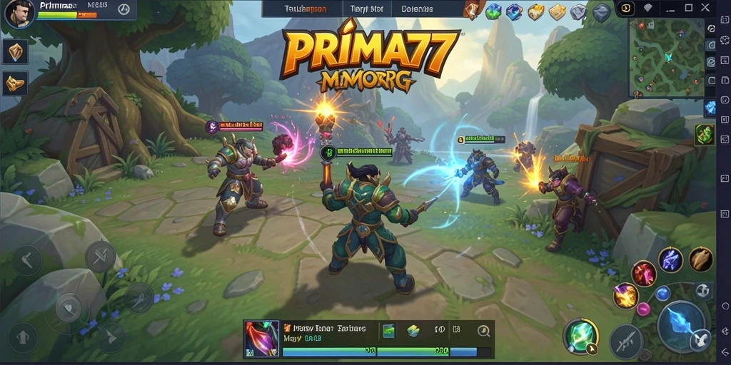Screenshot utama PRIMA77 menampilkan aksi pertarungan seru di dunia MMORPG.