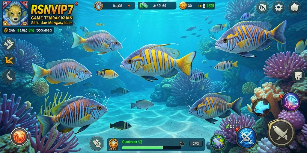 Screenshot gameplay RSNVIP7 dengan aksi menembak ikan.